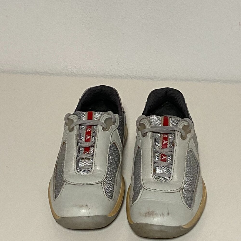PRADA AMERICAS CUP SNEAKERS SHOES PS0906 WHITE LEATHER/ SILVER - SIZE 35.5